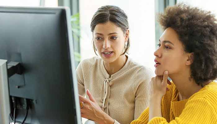Two colleagues working on a presentation